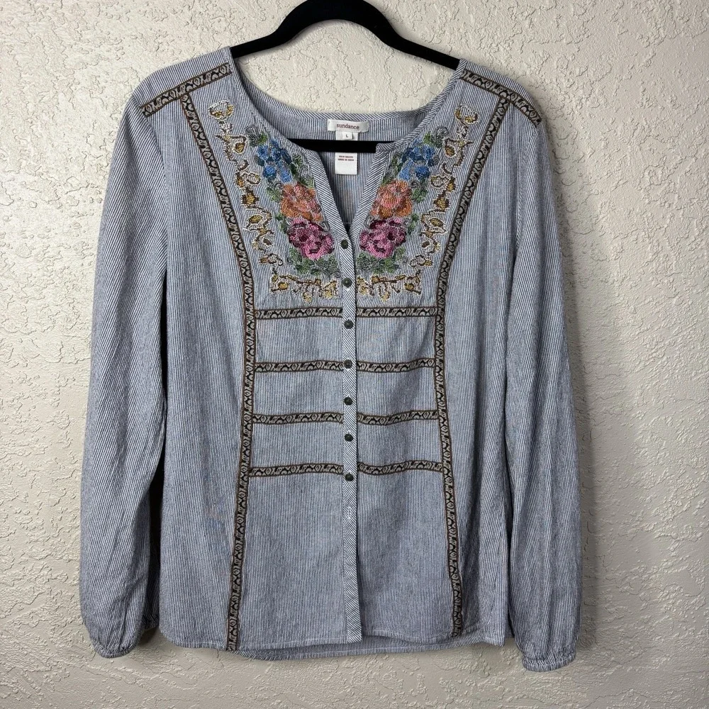 Sundance Striped Floral Embroidered Top Womens Lg Bohemian Peasant Boho Buttons - Picture 1 of 10